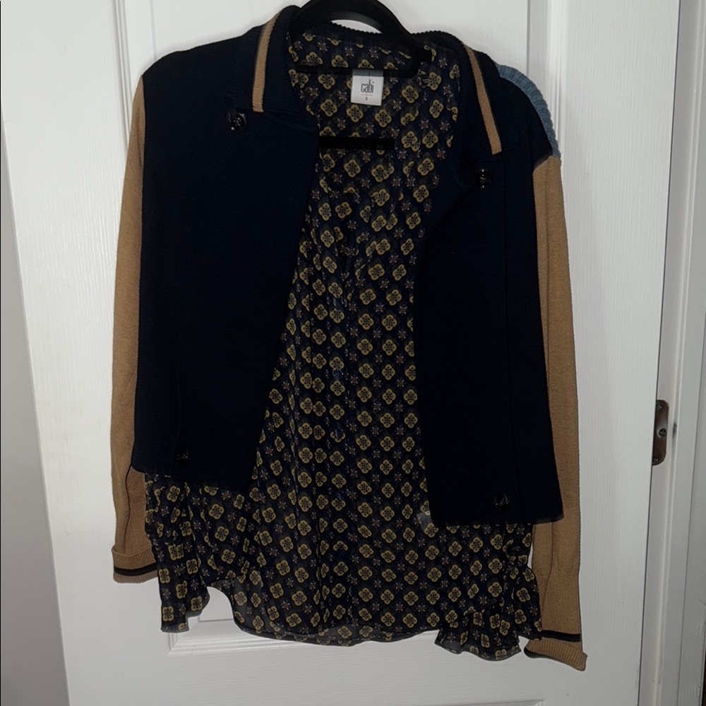 Navy and Tan Jacket with Patterned Blouse